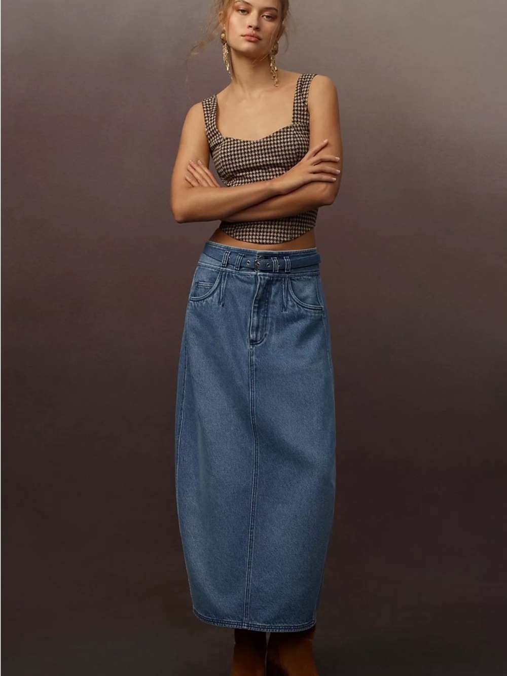 Anthro Pilcro Denim Midi Skirt Blue A-Line Front Slit High Rise Size 4